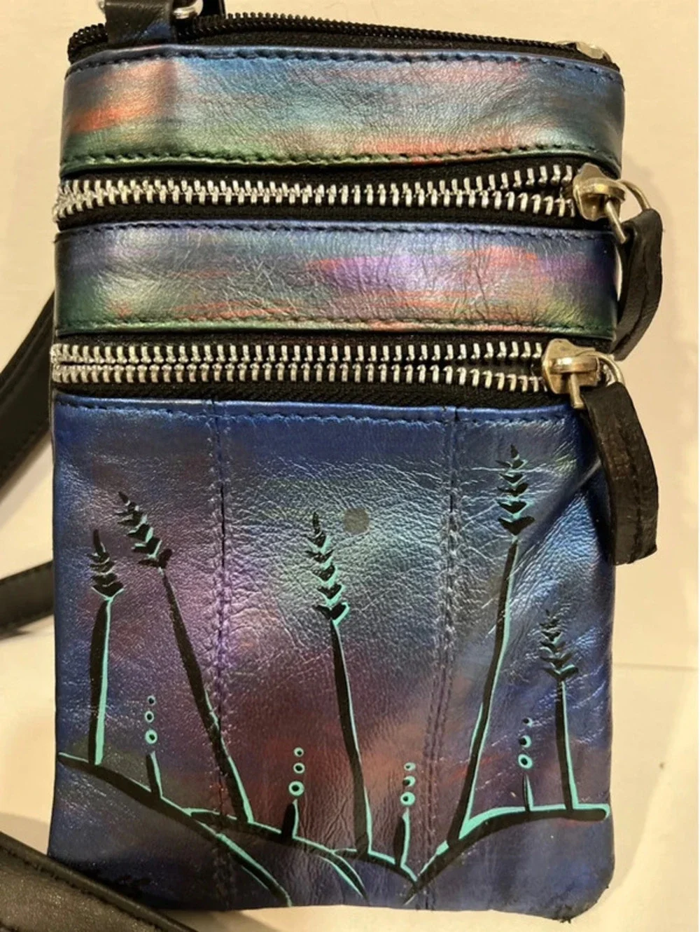 Vintage Sues Handpainted Crossbody Bag Purse Signed Metallic Blue 7”